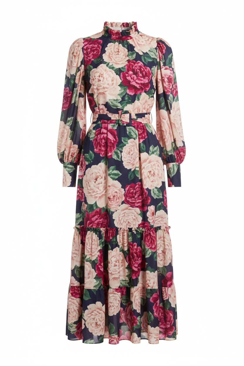 Women's floral midi dress on white background