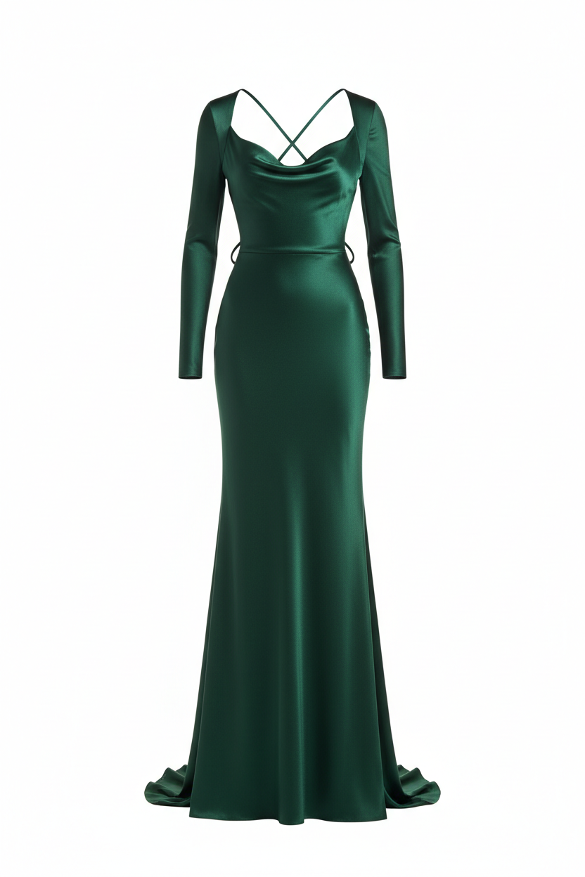 Elegant women's dinner dress in jewel tone on white background