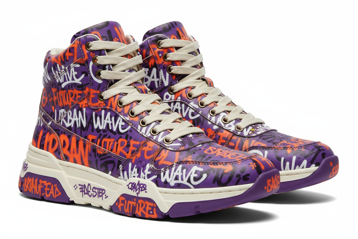 Men's high-top sneakers with graffiti typographic pattern in purple, orange and white