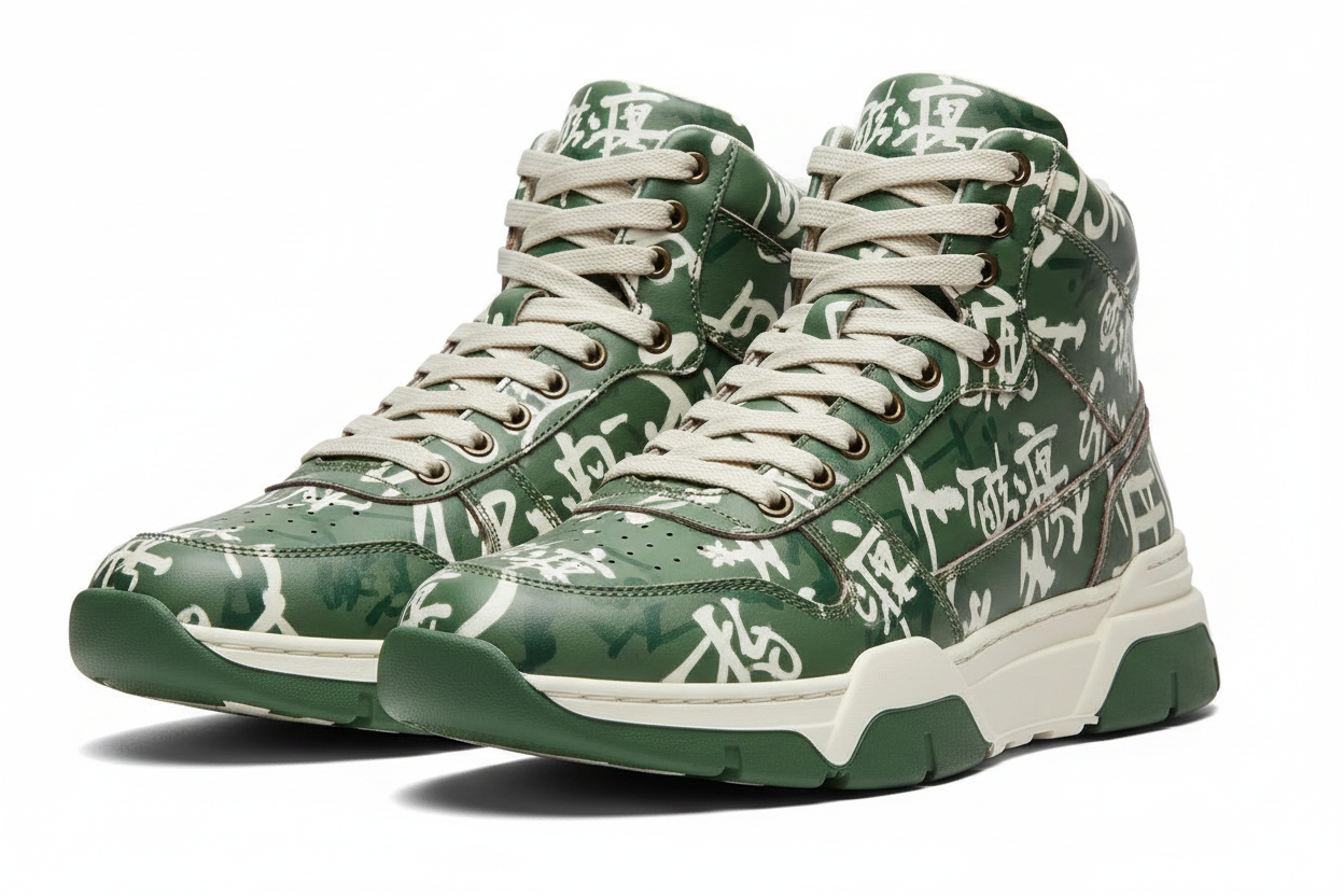 Men's high-top sneakers with Japanese kanji brush stroke pattern in forest green and white