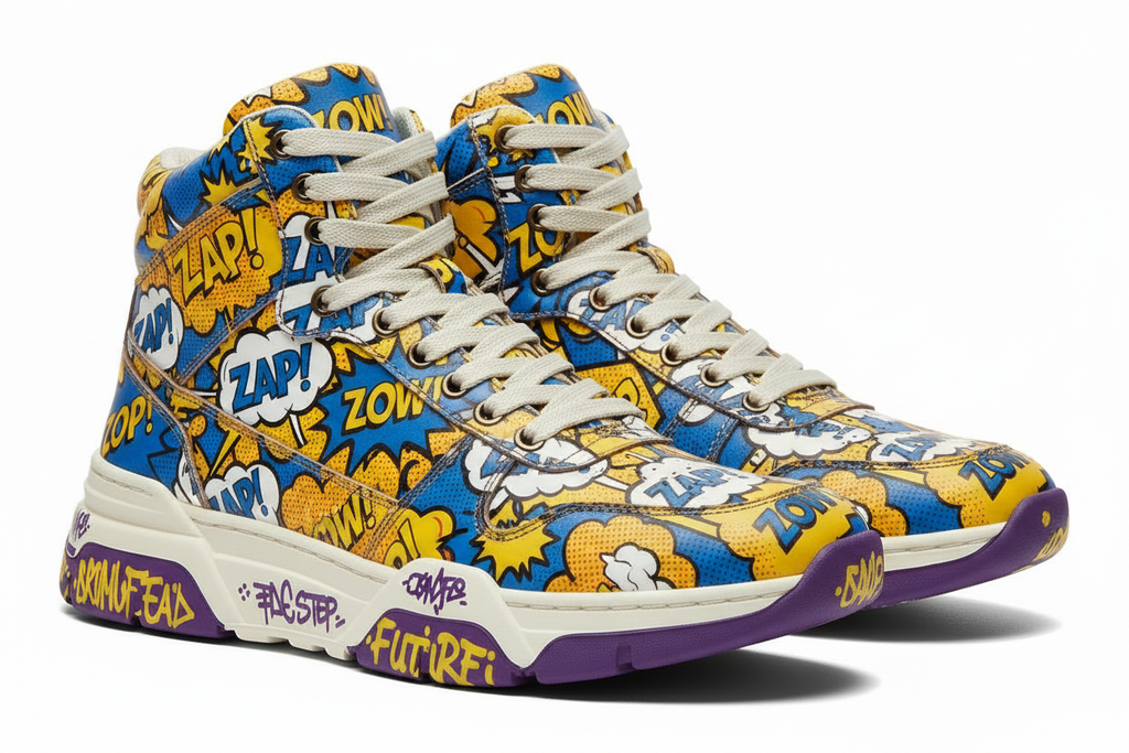 Men's high-top sneakers with retro pop art comic pattern in electric yellow and cobalt blue