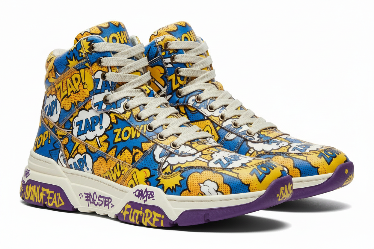 Men's high-top sneakers with retro pop art comic pattern in electric yellow and cobalt blue
