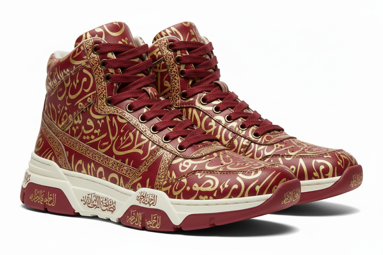 Men's high-top sneakers with Arabic calligraphy pattern in crimson red and gold