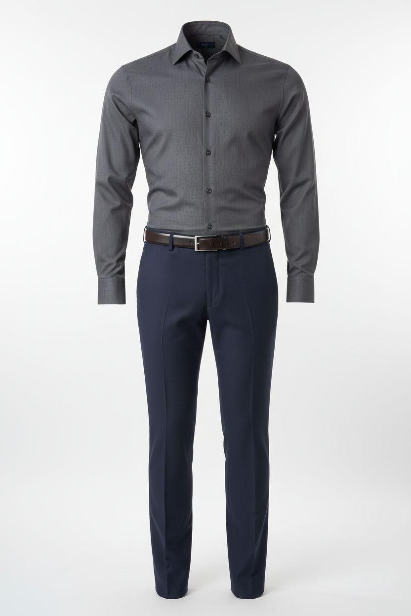 Men's slim-fit smart dinner outfit in navy on white background