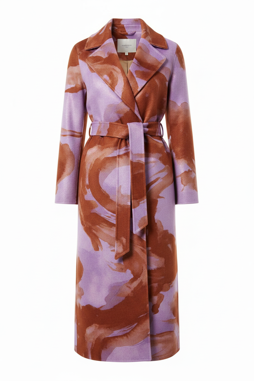 Women's elegant coat with iridescent lavender and burnt sienna watercolor brushstroke pattern