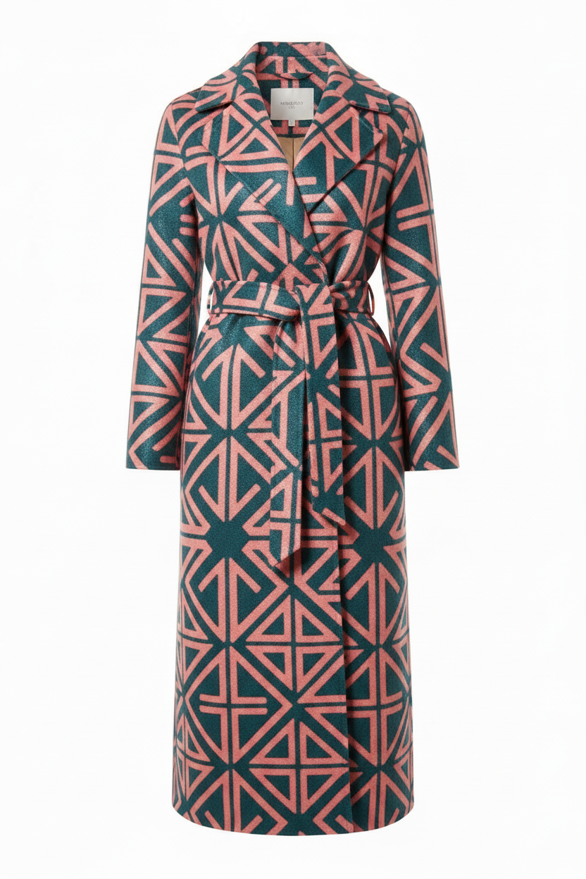 Women's elegant coat with deep teal and coral pink geometric mosaic pattern