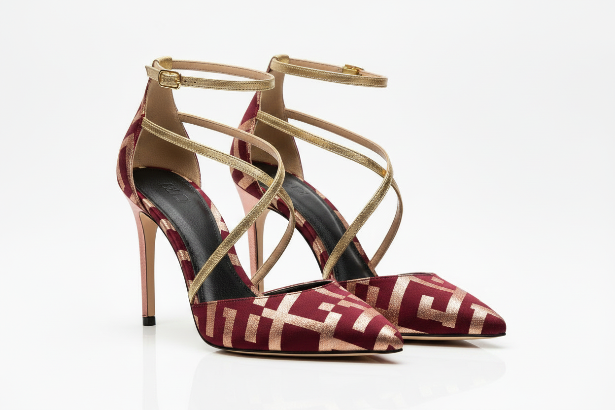 Women's burgundy and rose gold geometric patterned stiletto heels on white background