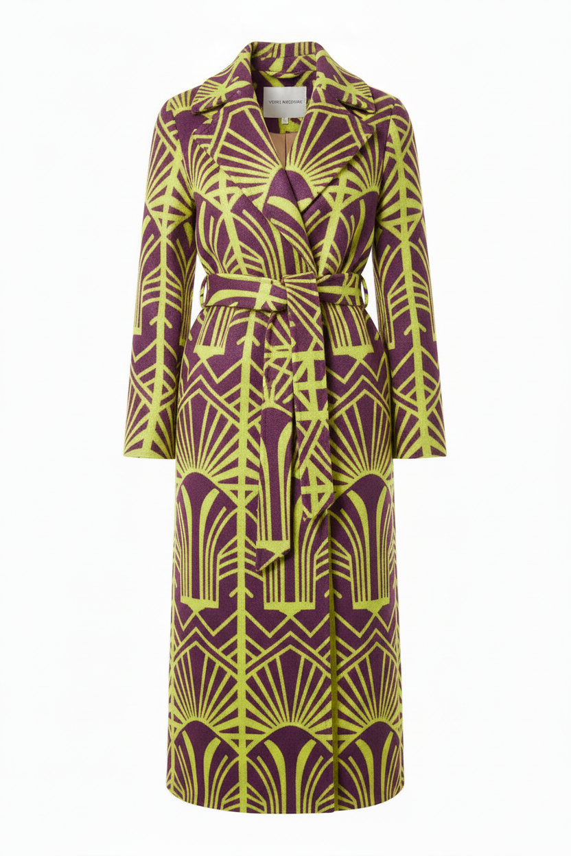 Women's elegant coat with electric chartreuse yellow and deep plum purple art deco geometric pattern
