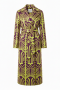 Women's elegant coat with electric chartreuse yellow and deep plum purple art deco geometric pattern